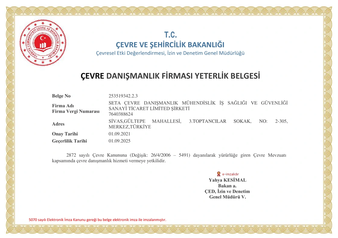 Seta Çevre Danışmanlık Yeterlik Belgesi